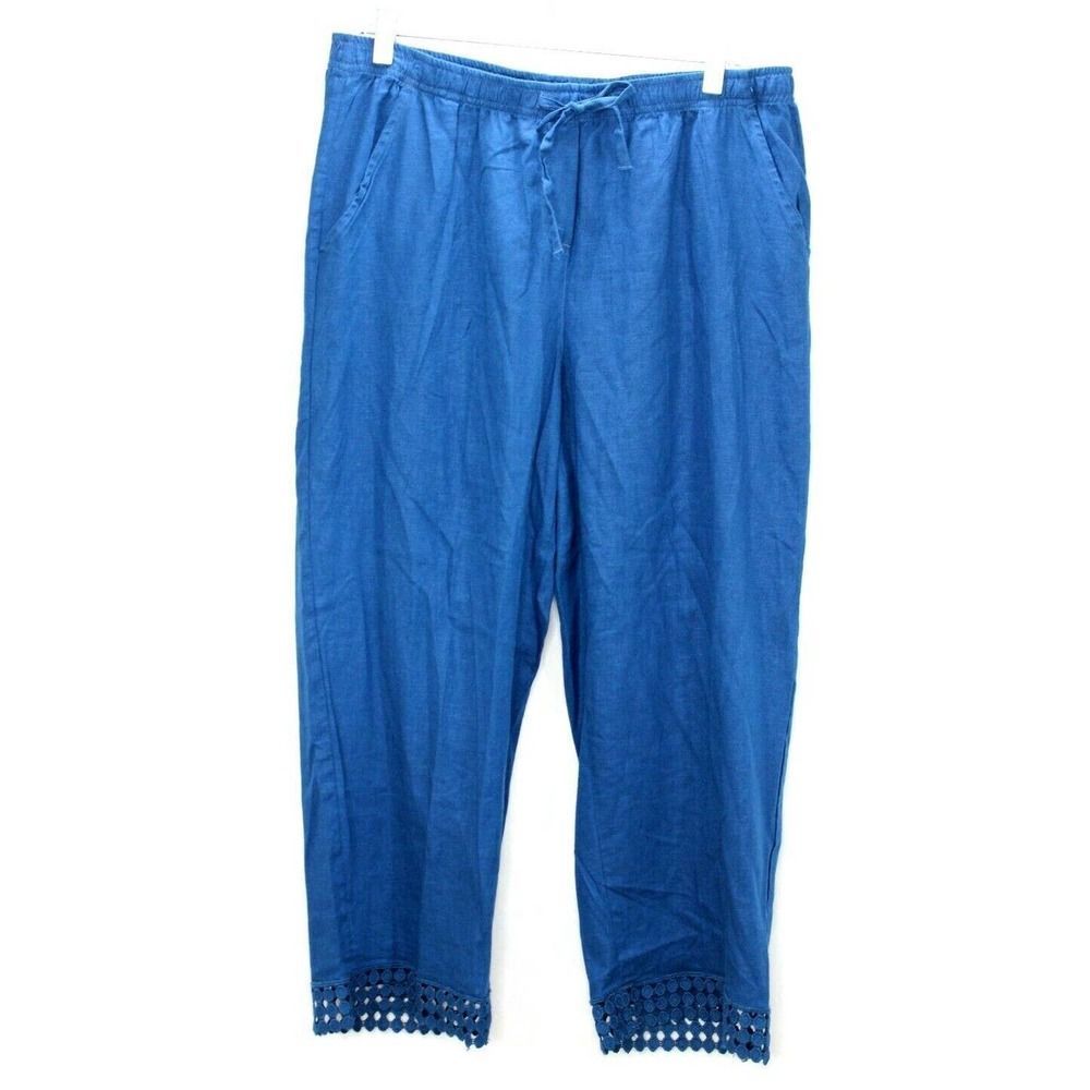 Cathy Daniels Linen Ankle Length Pants Pull On Teal Women's LG Crochet Trim NWT